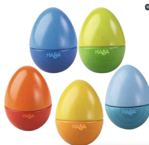 Haba Musical Eggs in blue, green, yellow, red two tone color ways 
